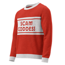 A red sweater with gray cuffs and collars featuring the text 'SCAM GODDESS' against a grey stripe.