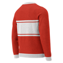 Red sweater with gray accents featuring two horizontal grey stripes on the back.