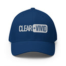 Blue cap with embroidered text 'CLEAR + VIVID' on the front.