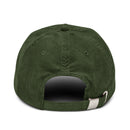 Back view of a green corduroy baseball cap with a curved brim and adjustable strap.