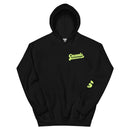 Flat lay of a black hoodie featuring the text 'Casuals with Katie Nolan' printed in large, light green retro script on the left chest. SiriusXM’s 'S-Star' logo is partially visible on the right sleeve, also in light green.