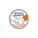 Official Friend of Conan O'Brien badge sticker featuring a handshake design with text and colors in circles.