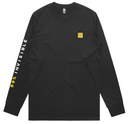 Front of black long-sleeve t-shirt featuring a small yellow square logo on the chest and the text '99% INVISIBLE' in white and yellow along the right sleeve.