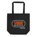 Black tote bag featuring 'Conan O'Brien Radio' logo in orange and white, with 'SiriusXM' branding.