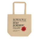 Tote bag featuring The Weekly Scam design with text Stay Schemin' and It's crime time! related to a podcast on fraud.