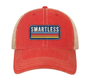 An orange baseball cap with a tan mesh back featuring a patch that says 'SMARTLESS' in white letters against a blue background with horizontal stripes.