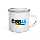 White enamel mug with CBB15 logo and text stating fifteen years of an open-door policy