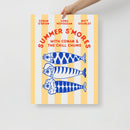 A hand holds an 18x24 poster vertically against a plain white background. The poster features red text reading 'Summer S’mores with Conan & the Chill Chums' and illustrations of blue cartoon fish on an orange and white striped background.