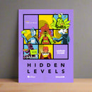 Vertical purple poster resting against a gray wall on a wooden surface. The design matches the first image, featuring six brightly colored comic-style panels with characters in varied poses and the text 'HIDDEN LEVELS,' '99% Invisible,' and 'Endless Thread.' 'WBUR' and 'SiriusXM' logos appear along the bottom.