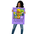 A woman wearing jeans and a white shirt holds a large purple poster vertically in front of her. The poster features six comic-style illustrated panels with the text 'HIDDEN LEVELS,' '99% Invisible,' and 'Endless Thread' in black lettering, along with the 'WBUR' and 'SiriusXM' logos at the bottom.