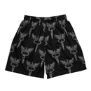 Flat lay of black mesh shorts featuring an all-over print of the caduceus—a traditional medical symbol made of a staff with wings and two coiled serpents.