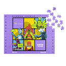 Partially assembled purple-bordered jigsaw puzzle shown on a white surface, with several loose pieces scattered near the top right corner. The comic-style artwork and text read 'HIDDEN LEVELS,' '99% Invisible,' and 'Endless Thread,' with 'WBUR' and 'SiriusXM' logos along the bottom edge.