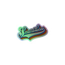 Colorful holographic sticker with the text SmartLess in a stylized font and wavy design.