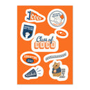 Colorful stickers featuring phrases like Class of Coco, Assisting 101, and images of a gerbil and microphone on an orange background.
