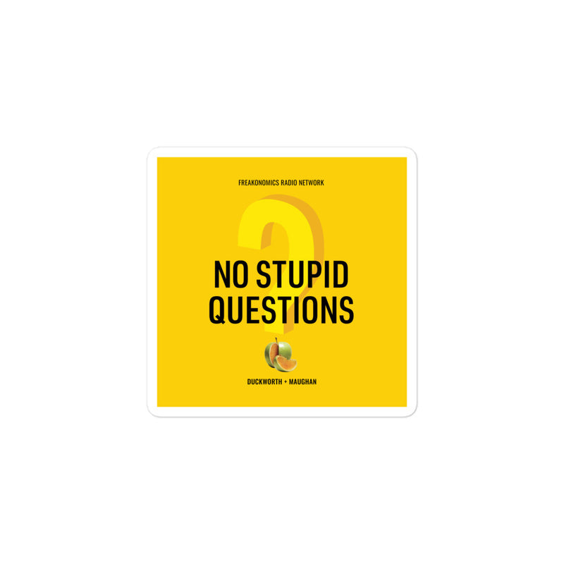 Cover art for the podcast No Stupid Questions featuring a yellow background and fruit illustrations, with names Duckworth and Maughan.