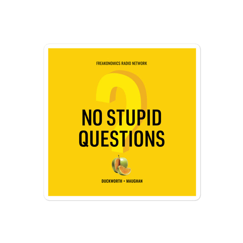 Cover art for the podcast No Stupid Questions featuring a yellow background and fruit illustrations, with names Duckworth and Maughan.