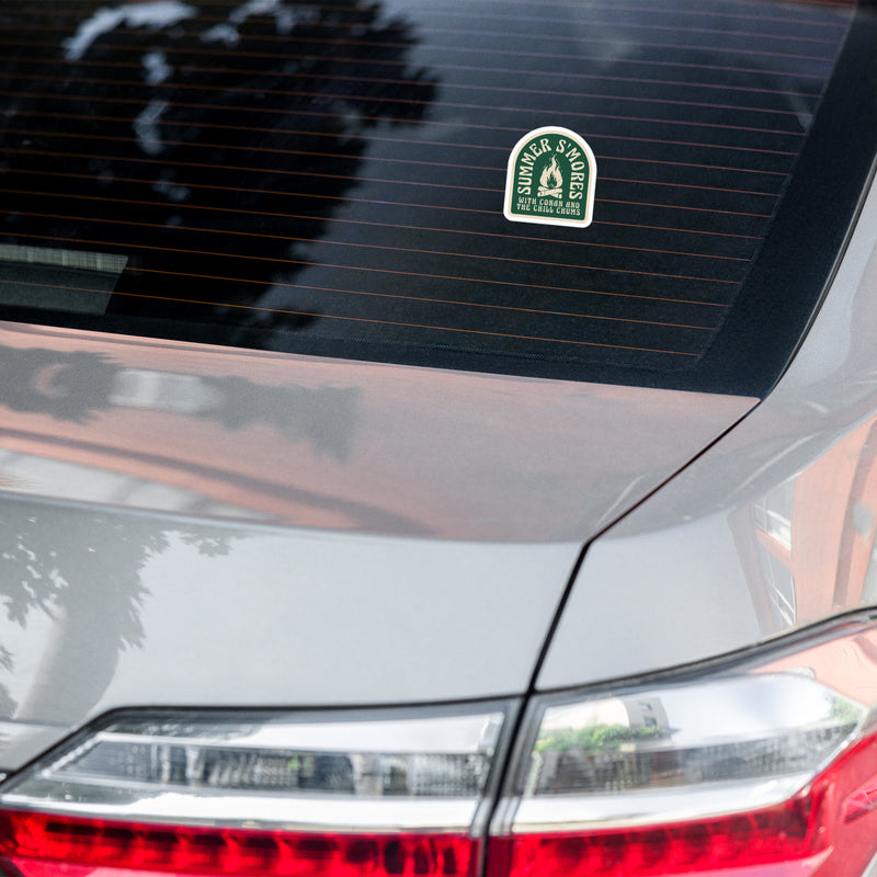 Rear view of a silver car with a sticker on the back window.