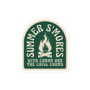 A logo featuring a campfire with the text Summer S'mores with Conan and the Chill Chums in vintage style.