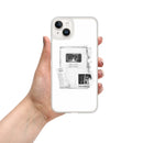 Clear iPhone case held in a hand against a white background, featuring a centered black-and-white collage of layered clippings and podcast-themed imagery. Visible text reads ‘Keep it weird,’ ‘Morbid Podcast,’ ‘MORBID,’ and ‘05012018,’ arranged as a single stacked graphic in the middle of the case.