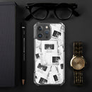 Clear iPhone case shown in a flat lay arrangement on a black background alongside black eyeglasses, a pencil, a notebook, and a gold wristwatch. The case displays a monochrome collage of layered documents and graphics with readable text including ‘Keep it weird,’ ‘Morbid Podcast,’ ‘MORBID,’ and ‘05012018.’