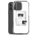 Clear iPhone case displayed on a gray iPhone, showing a centered monochrome collage of overlapping document-style graphics. Readable text includes ‘Keep it weird,’ ‘Morbid Podcast,’ ‘MORBID,’ and ‘05012018,’ printed within the stacked design.