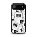 Clear iPhone case on a plain white background featuring an all-over black-and-white collage of overlapping clippings and podcast-themed imagery. Visible text elements include ‘Keep it weird,’ ‘Morbid Podcast,’ ‘MORBID,’ and ‘05012018,’ arranged in a scattered, repeated pattern across the case.
