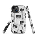 Matte MagSafe tough iPhone case shown from front and side angles on a white background, highlighting the all-over monochrome collage of layered clippings and graphics. Visible text elements include ‘Keep it weird,’ ‘Morbid Podcast,’ ‘MORBID,’ and ‘05012018,’ printed in a repeating scattered layout.