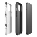 Three-piece view of a matte black MagSafe tough iPhone case showing the printed outer shell with black-and-white collage design, the black inner protective liner, and a phone mockup. The collage includes readable text such as ‘Keep it weird,’ ‘Morbid Podcast,’ ‘MORBID,’ and ‘05012018.’