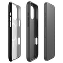 Three-piece view of a matte black MagSafe tough iPhone case showing the printed outer shell with the centered monochrome collage, the black inner protective liner, and a phone mockup. The printed design includes readable text such as ‘Keep it weird,’ ‘Morbid Podcast,’ ‘MORBID,’ and ‘05012018.’