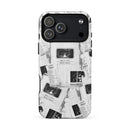 Matte MagSafe tough iPhone case on a white background featuring an all-over black-and-white collage design of overlapping newspaper-style clippings and podcast graphics. Visible text includes ‘Keep it weird,’ ‘Morbid Podcast,’ ‘MORBID,’ and ‘05012018,’ arranged in a scattered repeat pattern across the entire case.