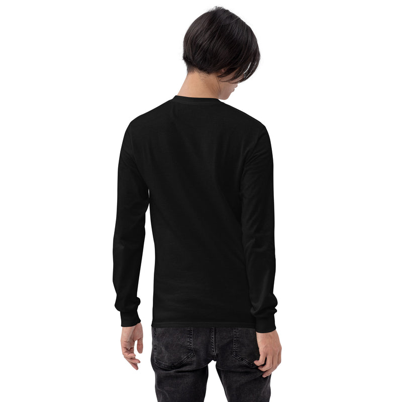 A man seen from behind wearing a plain black long sleeve shirt with no visible graphics on the back.