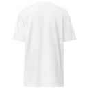 The back view of a plain white T-shirt displayed flat, showing no design or graphics.