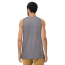 Back view of a person wearing a heather gray tank top and tan pants, standing against a plain white background. The tank top has a simple, unadorned design with no visible graphics or text.