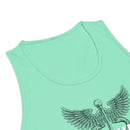 Close-up of the neckline and upper chest area of a mint green tank top. The visible portion of the printed design shows the top half of a black caduceus symbol—featuring spread wings and two snake heads facing outward—associated with medicine and healing.