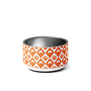 Pet bowl featuring orange paw prints and bone patterns on a white background.