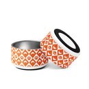 Pet bowl featuring orange paw prints and bone patterns on a white background.