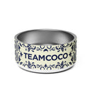 Ceramic pet bowl featuring a decorative design and the logo 'TEAMCOCO' in bold letters