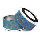 colorful pet bowls with tractor pattern on blue background, featuring white and black borders