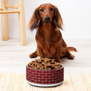 A brown dog sitting in front of a bowl filled with dog food on a light wooden floor.