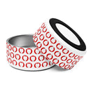 Two cylindrical containers with a red pattern of circular shapes on a white background, one placed on top of the other.