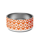 Pet bowl featuring orange paw prints and bone patterns on a white background.