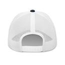 back view of a white mesh cap with adjustable closure and dark button at the top
