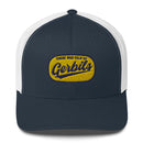 trucker hat with embroidered patch saying There Was Talk of Gerbils on a yellow background with navy text
