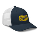 Cap with a navy front and white mesh back featuring an embroidered patch saying There Was Talk of Gerbils.