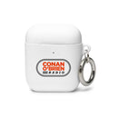 White AirPods case with 'Conan O'Brien Radio' logo and silver keychain attached