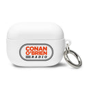 White AirPods case with 'Conan O'Brien Radio' logo and silver keychain attached