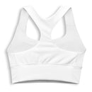 A white racerback sports bra shown from the back, highlighting the wide straps and mesh side panels.