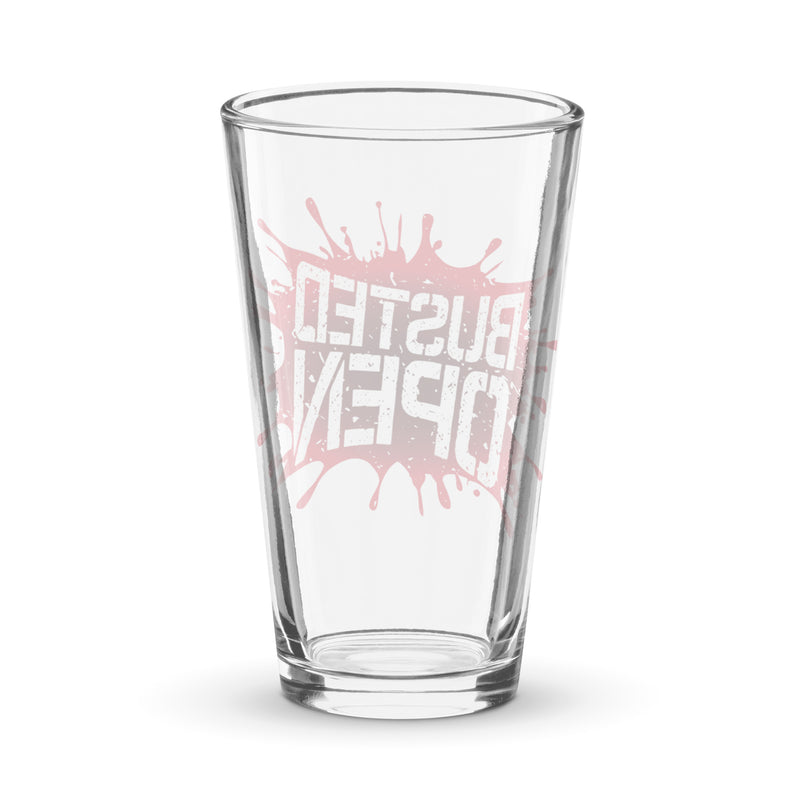 Pint glass with red splatter design featuring the 'BUSTED OPEN' logo.