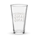 Clear glass pint with the text 'Comedy Bang! Bang!' printed in a playful font design.