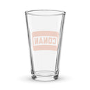 Clear glass pint glass with an orange 'CONAN' logo on the front